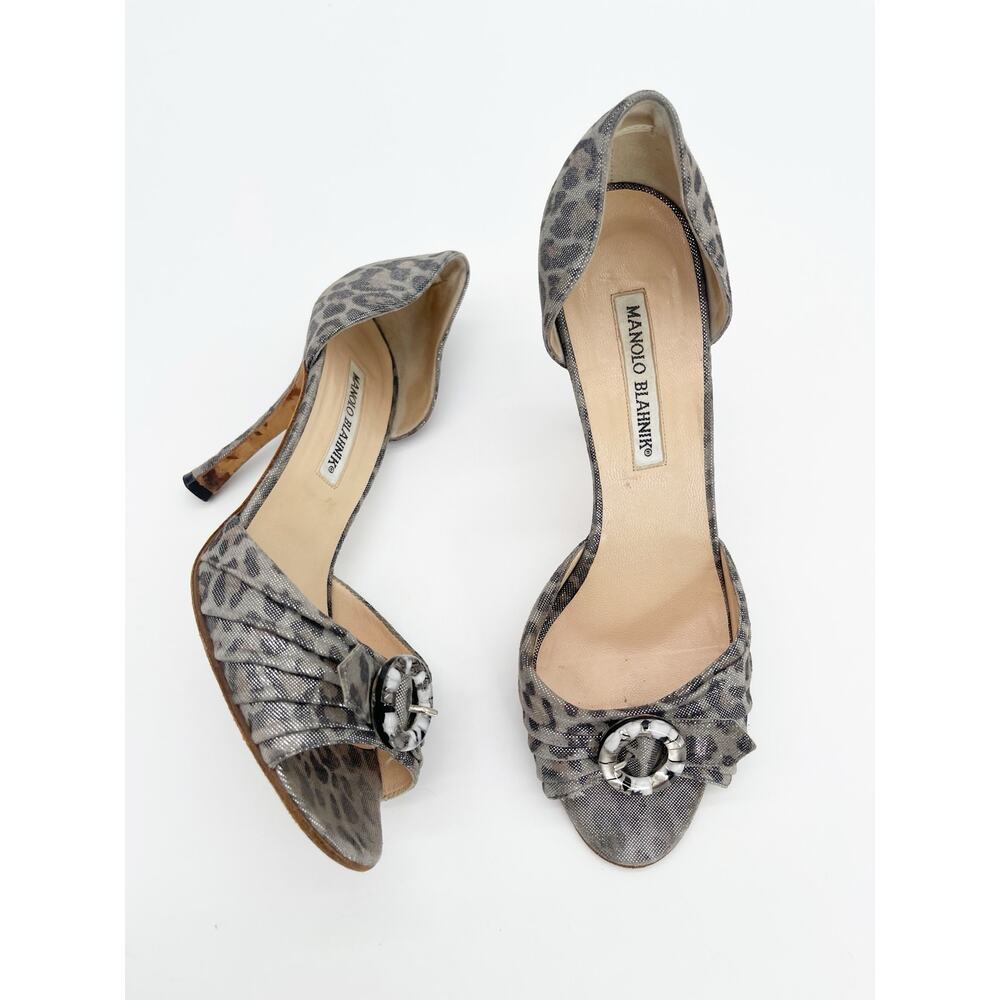 Manolo Blahnik Vintage Silver Leopard Print Peep Toe Lucite Buckle Heels IT 37.5